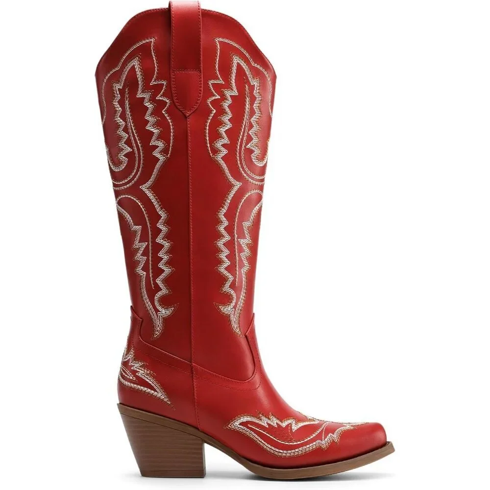 Women's Red Square Toe Comfortable Side Zipper Tall Cowboy Knee High Boots